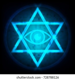 Glowing Blue Eye Of Providence In The Center Of The Hexagram Is A Maxim In Sacred Geometry Or Hermeticism Background. Vector Illustration.