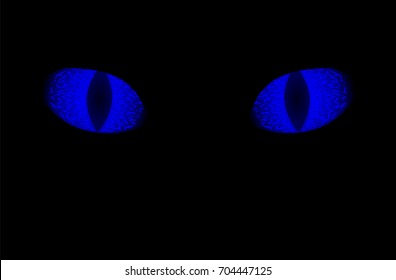 Glowing blue eyes of animal on black background. Neon blue eye with vertical pupil. Blue eye on black background. Game of Thrones symbol. Scary animal sight. Electric blue iris of dangerous animal