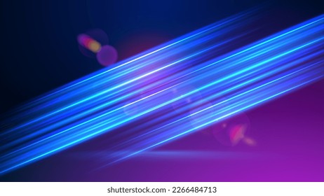 Glowing blue fast motion speed lines. Colorful light trails with motion effect. Vector illustration of high speed light effect on black background.