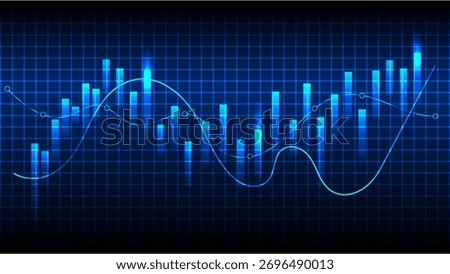 Glowing blue financial chart with candlestick patterns and line graph on grid background, representing data analysis