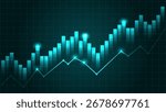 Glowing blue financial chart with rising bars and line graph on dark grid background