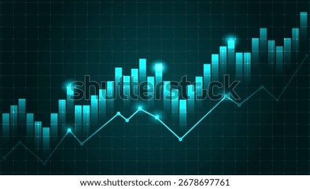 Glowing blue financial chart with rising bars and line graph on dark grid background