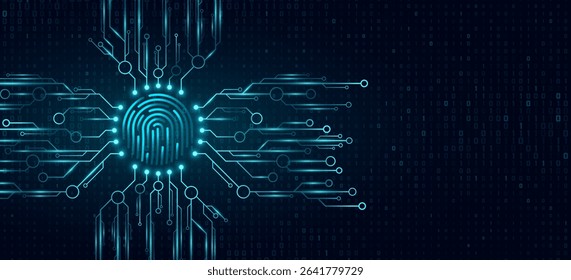 Glowing blue fingerprint integrated with a futuristic circuit network for biometric security background. Digital authentication and cybersecurity for your UI design. Vector illustration.