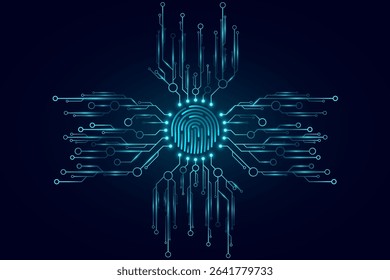 Glowing blue fingerprint integrated with a futuristic circuit network for biometric security background. Digital authentication and cybersecurity for your technology design. Vector illustration.