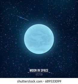 Glowing blue full moon in space. Falling star. Many luminous stars. Realistic space. Vector illustration