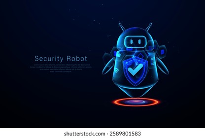 Glowing blue futuristic security robot with a holographic shield and cybersecurity icons on a dark digital background