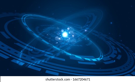 Glowing blue futuristic solar system or galaxy in space, abstract technology object