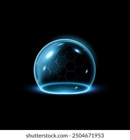 Glowing blue glass sphere shield with hexagonal pattern vector illustration. Dome barrier cyberspace technology. Luminous abstract energy protection hemisphere. Force field defense globe shell