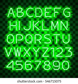 Glowing blue Green Alphabet with letters from A to Z and digits from 0 to 9 on transparent background. Glowing neon effect. Every letter is separate unit with wires, tubes, brackets and holders.