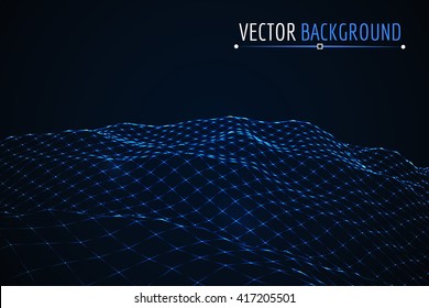 Glowing blue grid landscape. Vector techno background.