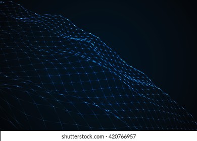 Glowing blue grid landscape. Vector techno background.