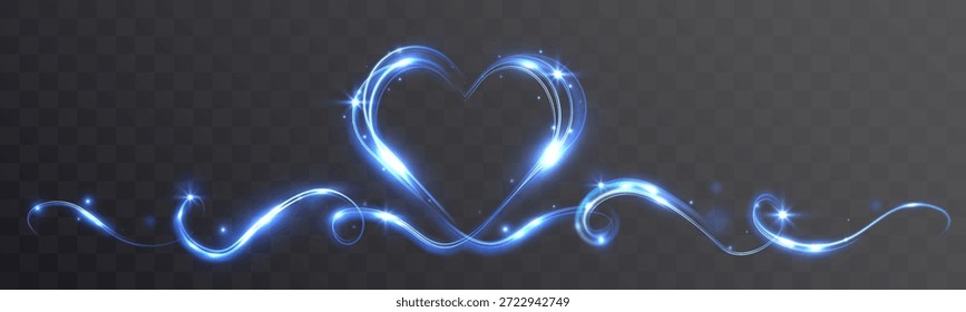 Glowing blue heart light trail with sparkling wave isolated on transparent background.