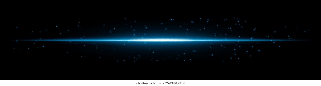 Glowing blue horizontal light beam with scattered particles on a dark background. Futuristic energy burst, laser effect, sci-fi illumination, and digital glow concept.