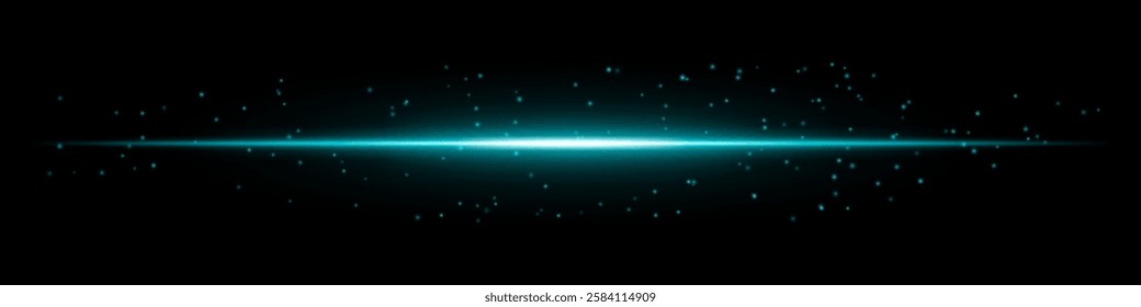 Glowing blue horizontal light beam with scattered particles on a dark background. Futuristic energy burst, laser effect, sci-fi illumination, and digital glow concept.