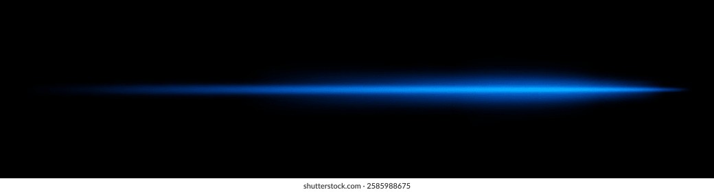Glowing blue horizontal light beam on a black background. Bright laser effect with a fading glow, creating a futuristic and high-speed aesthetic. Technology, sci-fi, energy, and digital themes