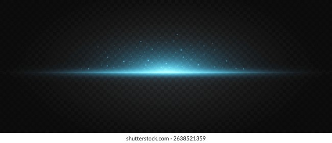 Glowing blue horizontal light beam with sparkling particles on a transparent dark background. Ideal for futuristic themes, tech banners, digital UI overlays. Vector illustration.