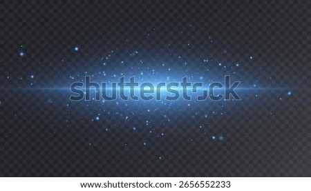 Glowing blue horizontal light burst with sparkles and particles on a transparent background. Abstract sci-fi energy effect, digital flare, glowing ray and futuristic light beam for technology or visua