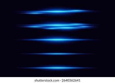 Glowing blue horizontal light effects set on dark background with neon energy beams and futuristic speed motion trails.
