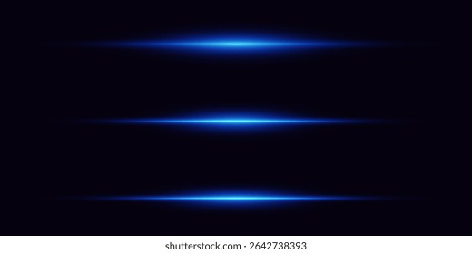 Glowing blue horizontal light effects set on dark background with neon energy beams and futuristic speed motion trails.