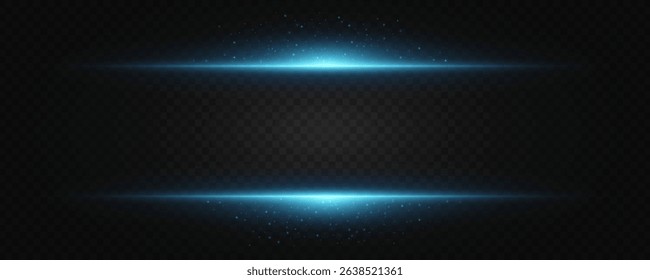 Glowing blue horizontal light frame on a transparent dark background. Sparkles and particle effects for high-tech designs, digital banners, UI overlays or sci-fi elements. Vector illustration.