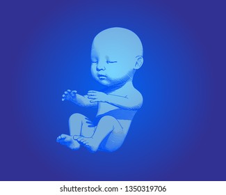 Glowing blue human fetus baby engraving illustration isolated on deep blue background