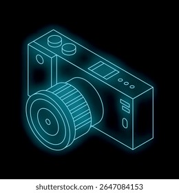 Câmera isométrica azul brilhante sobre um fundo preto, representando fotografia e tecnologia