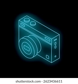 Glowing blue isometric camera outline on a dark background, representing photography and technology