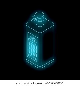 Glowing blue isometric dispenser bottle with blank label on a black background, ideal for beauty, cosmetics, and hygiene concepts