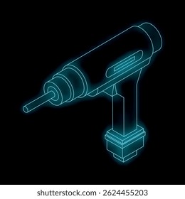 Glowing blue isometric icon of an electric drill illustrating construction and repair concepts