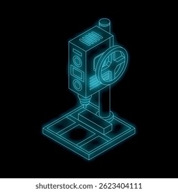 Glowing blue isometric projection of a drill press working a piece of metal, on a dark background