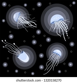 Glowing blue jellyfish. Sea jellyfish in the water. Cute bright vector jellyfish. Sea set. On a black background.