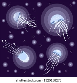 Glowing blue jellyfish. Sea jellyfish in the water. Cute bright vector jellyfish. Sea set. On a purple background.