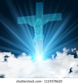 Glowing blue jesus pinned to crucifix on light blue sky and clouds as Christianity Church background concept, vector illustration