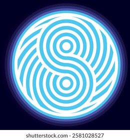 Glowing blue labyrinth-like yin-yang symbol, merging ancient philosophy with futuristic neon aesthetics