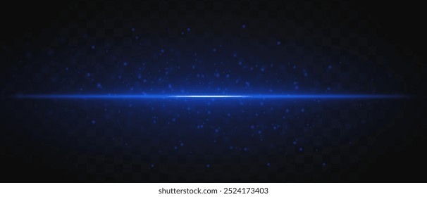 Glowing blue laser beam horizontally with sparkling particles across a dark transparent background, creating a futuristic and high-tech visual effect. Neon flare, laser lines of light