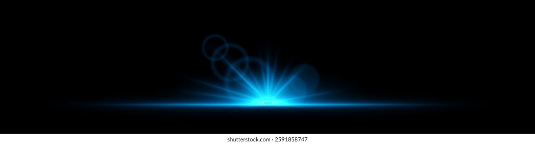 Glowing blue light burst on a dark background. Bright neon explosion with radiant beams, circular bokeh, and energy flare. Abstract illumination with vibrant glow and futuristic effect.