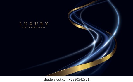 líneas de curva de luz azul brillante y ola de curva dorada sobre fondo oscuro.fondo de pantalla digital abstracto creativo y moderno, fondo de fondo de ilustración de portada.vector y banner de presentación.