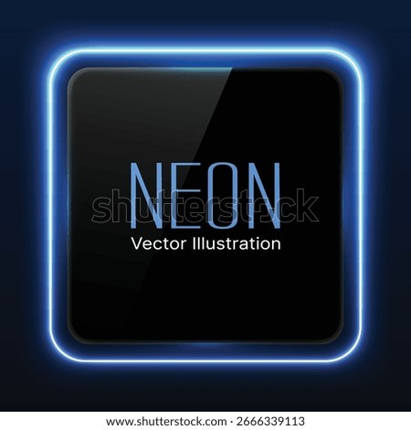 Glowing Blue Light Glass Square Banner – Neon Transparent Button with Geometric Shape and Futuristic Look Ideal for Web Banners, App Icons, Digital Interfaces and Advertisements. Vector.