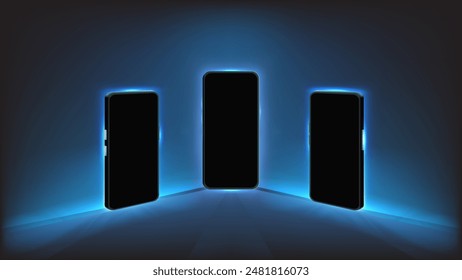 Maqueta de Smartphone con luz azul brillante en la parte delantera, vistas laterales de la Perspectiva. Pantalla editable, Plantilla de Vector.