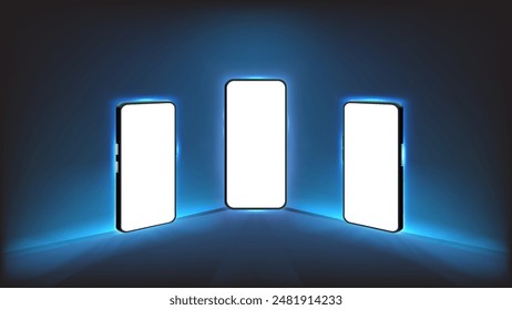 Glowing Blue Light Smartphone Mockup in Front, Perspective  Side Views. Editable Screen, Vector Template.
