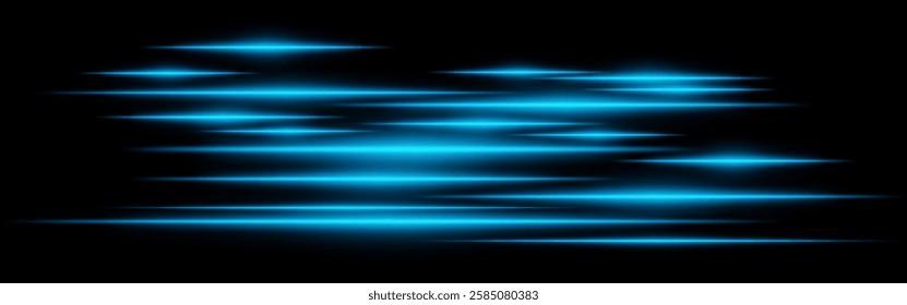Glowing blue light streaks on a black background. Horizontal neon beams create a high-speed motion effect, symbolizing futuristic technology and digital energy