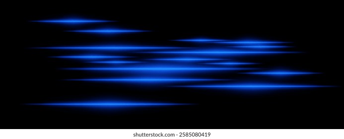 Glowing blue light streaks on a black background. Horizontal neon beams create a high-speed motion effect, symbolizing futuristic technology and digital energy. Sci-fi, cyber, abstract design