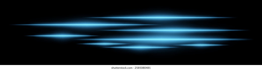 Glowing blue light streaks on a black background. Horizontal neon beams create a futuristic and high-speed motion effect. Technology, sci-fi, digital energy, and abstract design themes