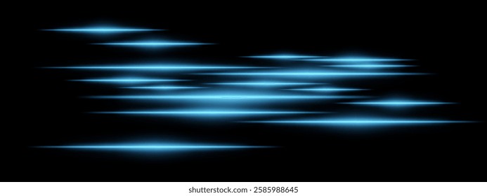 Glowing blue light streaks on a black background. Horizontal neon beams create a high-speed motion effect, symbolizing futuristic technology and digital energy. Sci-fi, cyber, abstract design
