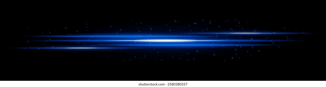 Glowing blue light streaks with scattered particles on a dark background. Futuristic energy flow, laser effect, neon illumination, and digital speed motion concept.