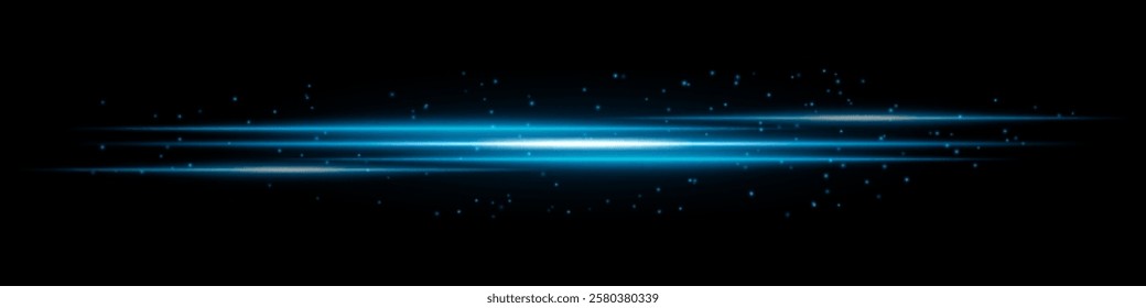 Glowing blue light streaks with scattered particles on a dark background. Futuristic energy flow, laser effect, neon illumination, and digital speed motion concept.