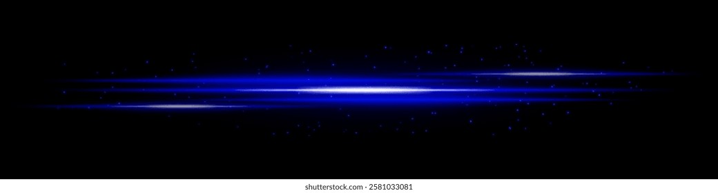 Glowing blue light streaks with scattered particles on a dark background. Futuristic energy flow, laser effect, neon illumination, and digital speed motion concept.