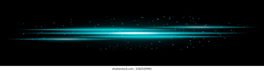 Glowing blue light streaks with scattered particles on a dark background. Futuristic energy flow, laser effect, neon illumination, and digital speed motion concept.