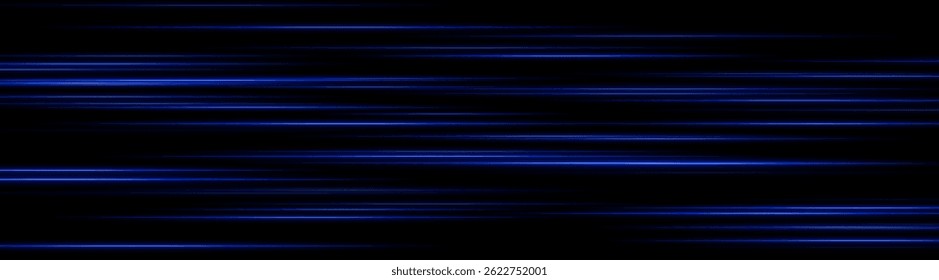 Estelas de luz azul brillante que crean desenfoque de movimiento en capas sobre fondo oscuro. Perfecto para la interfaz de usuario futurista, Elementos de velocidad digitales o animaciones de datos de ciencia ficción.