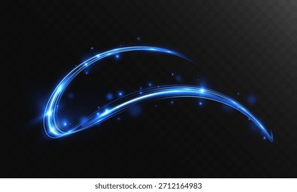 Glowing blue light trails with sparkling particles, dynamic neon energy swoosh effect on dark transparent background, vector EPS illustration.
